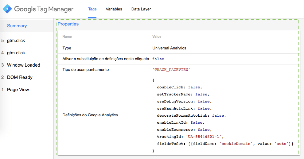 Detalhamento da tag de pageview do Google Analytics no debugger do Tag Manager