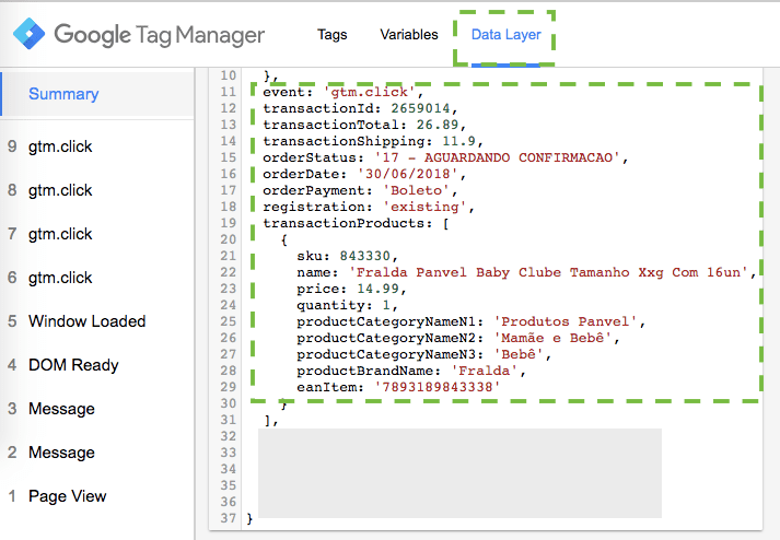 Detalhes do data layer de transação no Google Tag Manager