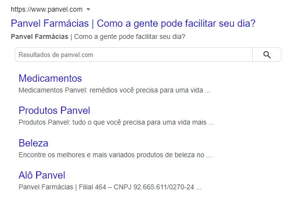 Resultado de busca por marca (Panvel), onde aparece um campo para busca direto no site da empresa.